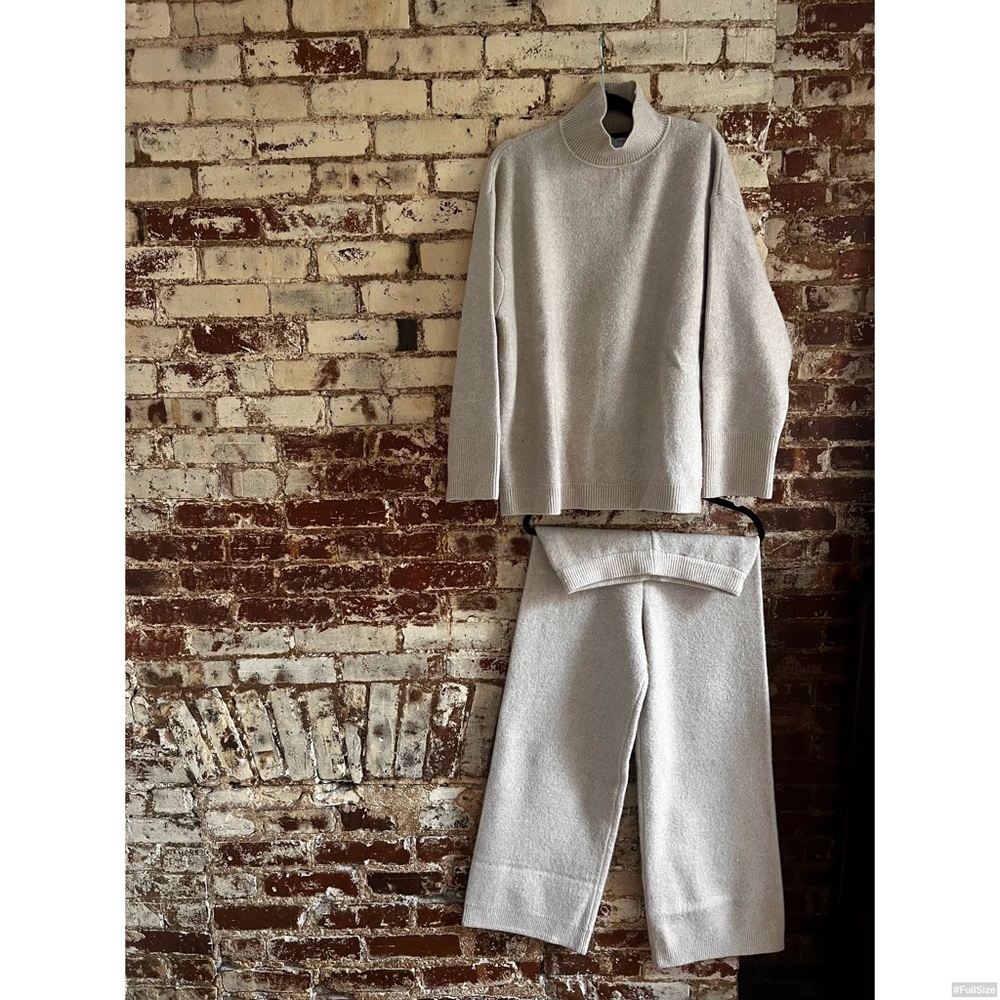 Zara Two Piece: Oatmeal Wide Flared Oversized Flowey Knit Pants + Sweater
